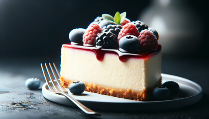 photo of a slice of cheesecake with a berry topping