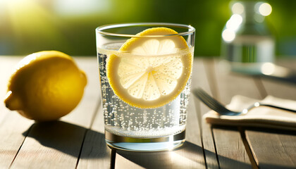 shot of a glass of sparkling water with lemon