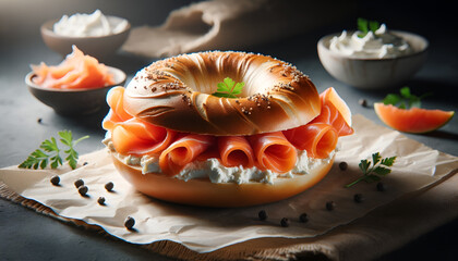 photo of a fresh bagel with cream cheese and smoked salmon