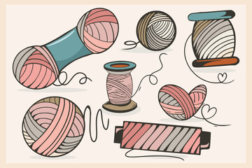 Collection of Colored Sewing Threads. Hand-drawn Colored Threads for Knitting. 