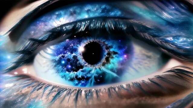 a human eye motif, where the iris represents the cosmos. Galaxies and nebulae are depicted within the eye, creating an artistic work that links science with mysticism.