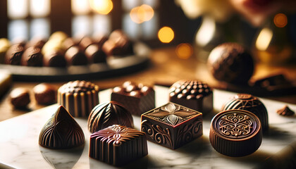 gourmet chocolates arranged elegantly on a marble surface