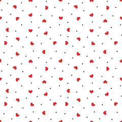 Valentine red heart seamless pattern vector. Red heart and black dots on white background. Minimal wallpaper. Symbol of love. Cute design for fabric, dress, shirt, skirt, scarf, card, wrapping paper.