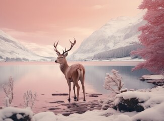 Composite image of red deer stag in Beautiful Alpen Glow hitting mountain peaks.