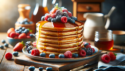 fluffy pancakes stacked high, drizzled with syrup and topped with fresh berries