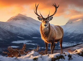 Composite image of red deer stag in Beautiful Alpen Glow hitting mountain peaks.