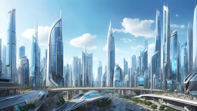 A futuristic city landscape, shinny, wallpaper, generative ai