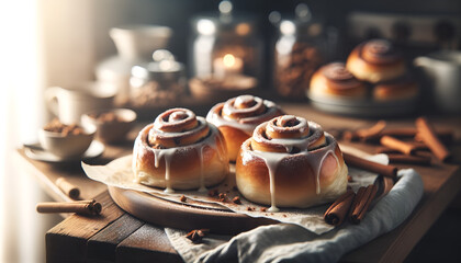 Artistic shot of freshly baked cinnamon rolls with icing, displayed on a wooden tray