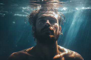 CloseUp | Mann taucht Unterwasser - obrazy, fototapety, plakaty