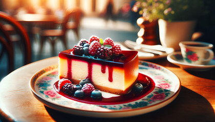 A vibrant and colorful photo of a slice of rich cheesecake with a berry compote topping