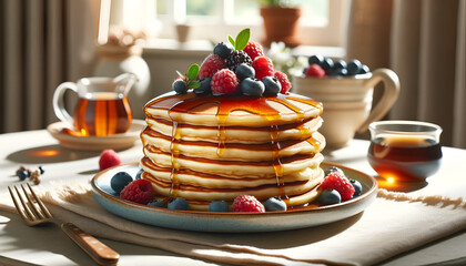 fluffy pancakes stacked high, drizzled with maple syrup and topped with fresh berries