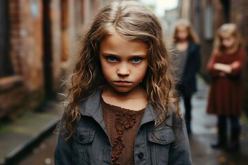 Angry kids gather in a narrow street, their faces contorted with negative emotions, directing their hostile gaze toward the camera, illustrating the issue of bullying at school.
