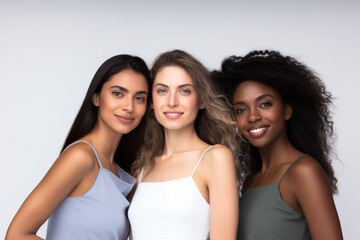 Different races are happily posing side by side in front of a white background