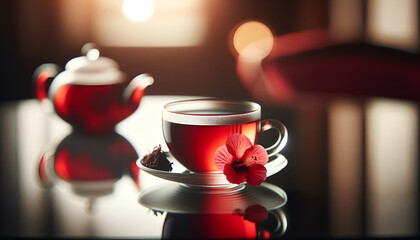a cup of hibiscus tea, positioned in the top right third of the frame on a glossy table