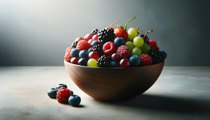 a bowl filled with assorted berries and grapes