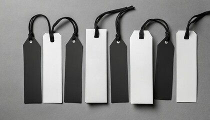 white cardboard black long tags mockup on gray background view directly above