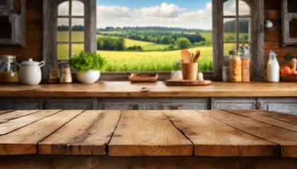 empty wooden table with countryside kitchen in background