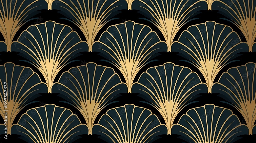 Poster seamless pattern art deco with golden fan shape and line.