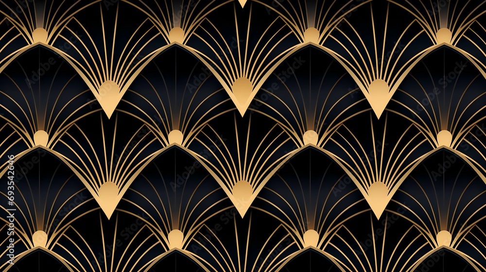Poster seamless pattern art deco with golden fan shape and line.