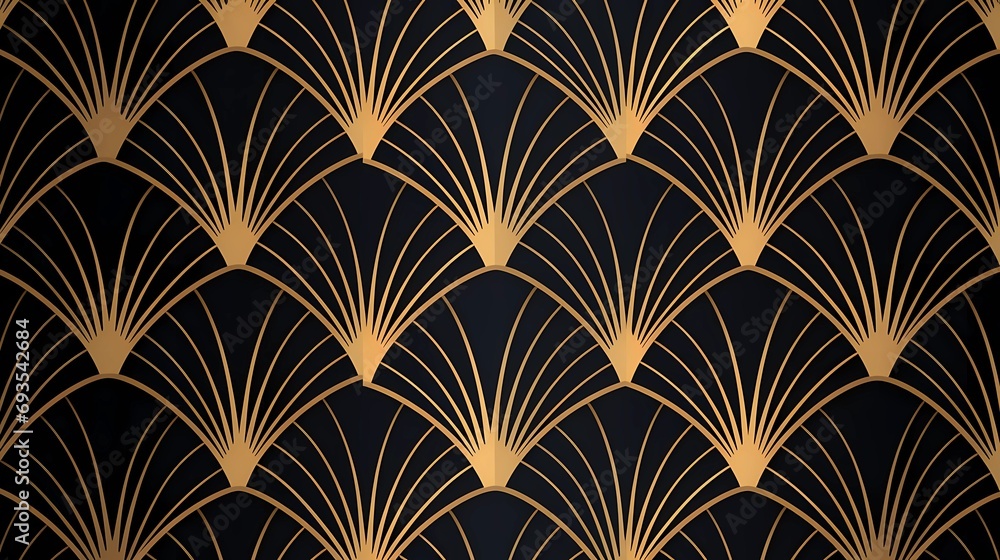 Poster seamless pattern art deco with golden fan shape and line.