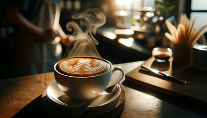 a steaming cup of cappuccino with intricate latte art - obrazy, fototapety, plakaty