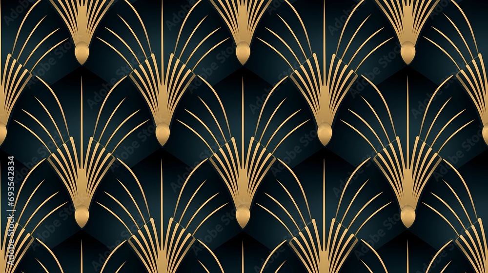 Poster seamless pattern art deco with golden fan shape and line.