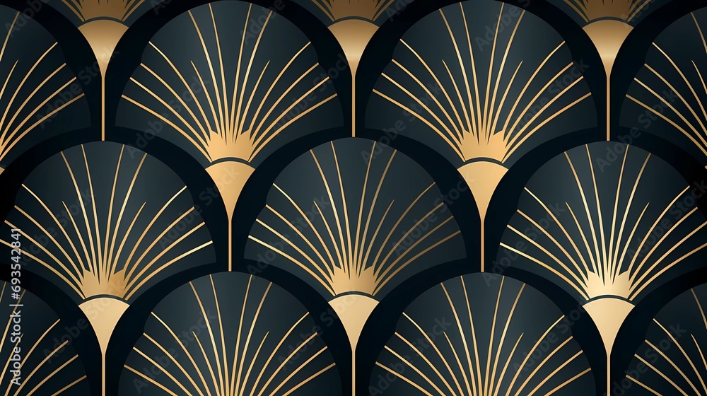 Poster seamless pattern art deco with golden fan shape and line.