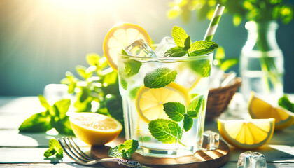 A refreshing glass of lemonade with ice and mint - obrazy, fototapety, plakaty
