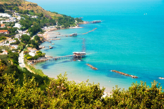 Mediterranean sea coast with traditional fishing trabocco, idillic seascape