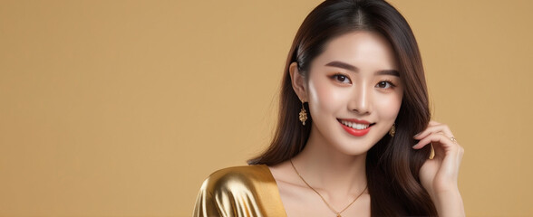 Fototapeta premium Beautiful Chinese good woman nice fashion half body eye contact