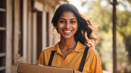 Happy female delivery employee smiling holding a box, handing a package to customer, wearing uniform. concept of express shipping and fast, simple and efficient moving service. space for text