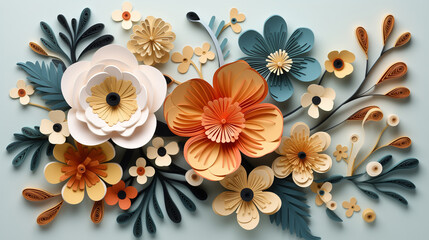 Paper cut spring flowers and leaves, flat style. Generative ai.