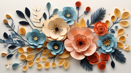 Paper cut spring flowers and leaves, flat style. Generative ai.