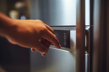 Detail of a male hand opening the door of a modern refrigerator.