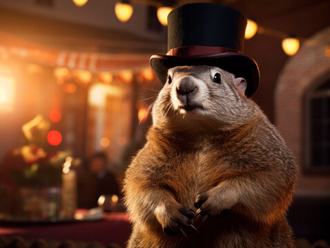 A humorous photo for Groundhog Day. A groundhog in a top hat stands against the background of a night city. 
