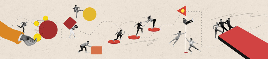 Competition concept people collage panorama of young competitors running to finish flag final...