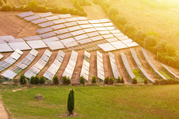 Solar farm. Solar panels in countryside, green energy and invironment