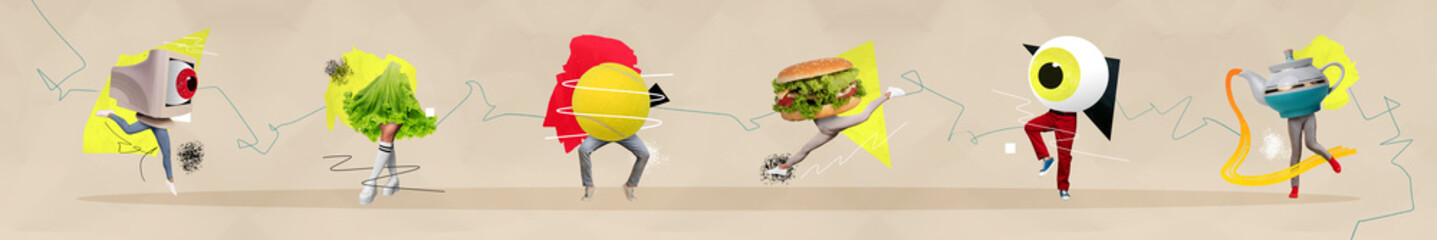 Collage panorama absurd internet secure spying lettuce salad girl tennis ball hamburger sportswoman...