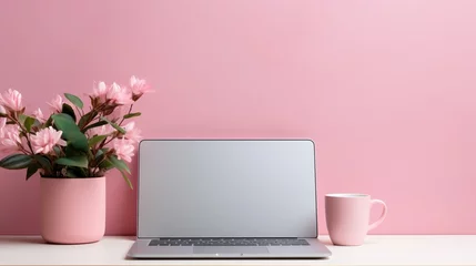 Plexiglas foto achterwand Azalea flowers pot, pink cup laptop template © The img