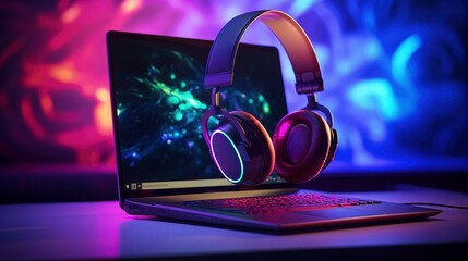 Pro gamer headset neon laptop template