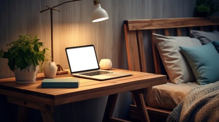 Cozy bedroom bedside table laptop template
