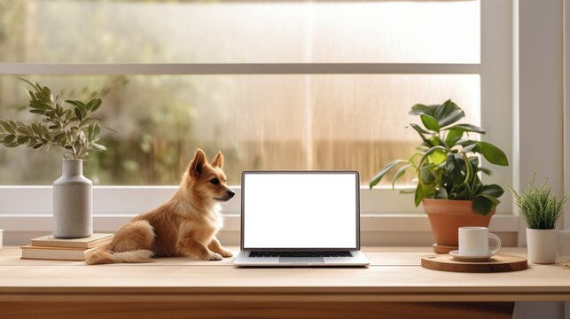 Mixed breed dog surrounded by houseplants laptop template