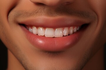 Fototapeta premium Close up shot smiling mixed race male lips, perfect white teeth, dental care concept.
