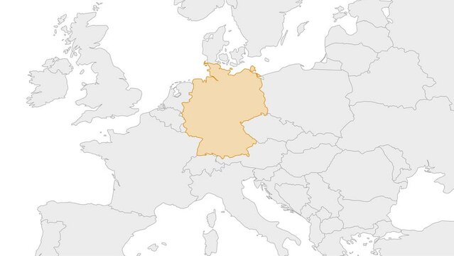 Animation of Germany country map on the world map. Animation of map zoom in with border and marking of major cities and capital of the country Germany. Background with alpha channel. Motion design.