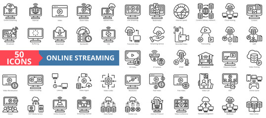 Online streaming icon collection set. Containing internet,video,multimedia,content,broadcast,bandwidth,hosting icon. Simple line vector illustration.