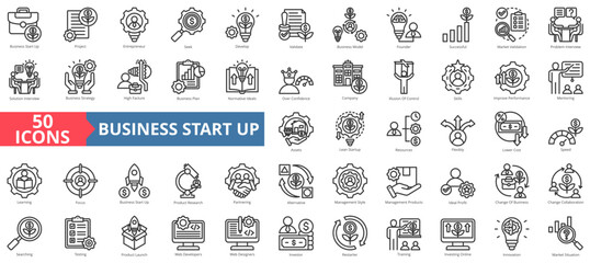 Business startup icon collection set. Containing project,entrepreneur,company,business,management,development,collaboration icon. Simple line vector illustration.