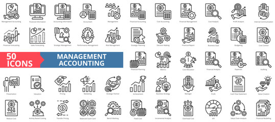 Management accounting icon collection set. Containing economy, business, financial, management,analysis,performance,strategy icon. Simple line vector illustration. - obrazy, fototapety, plakaty