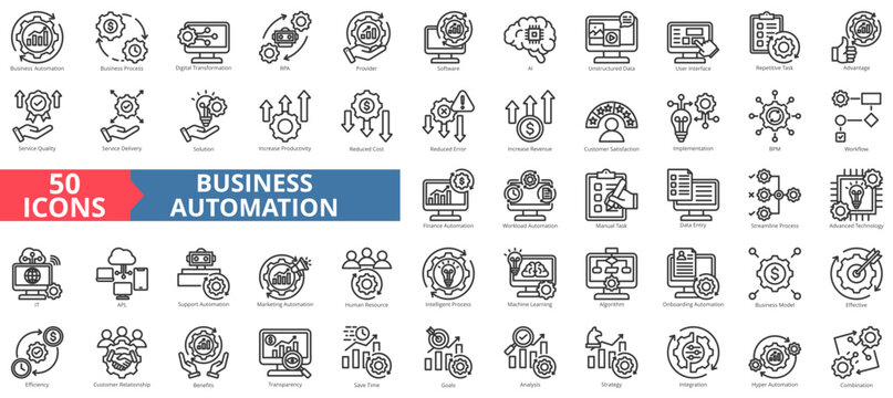 Business automation icon collection set. Containing process,digital transformation,industry 40,productivity,technology,business,integration icon. Simple line vector illustration.