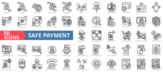 Safe payment icon collection set. Containing encryption,tokenization,fraud detection,authentication,biometric,ssl,payment gateway icon. Simple line vector illustration.