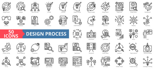 Fototapeta na wymiar Design process icon collection set. Containing analysis,brainstorming,concept,creativity,design thinking,strategy,design brief icon. Simple line vector illustration.